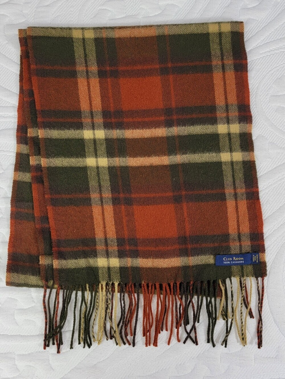 Club Room 100% Cashmere Plaid Fringe Scarf Rust Olive Cream Tartan 12" X 68"
